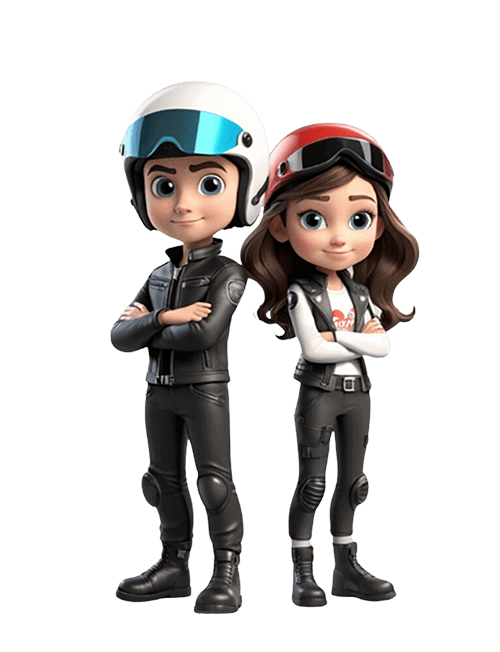 Cartoon-style biker couple with arms crossed, wearing black motorcycle gear. The man has a white helmet with a visor, and the woman has a red helmet with goggles.
