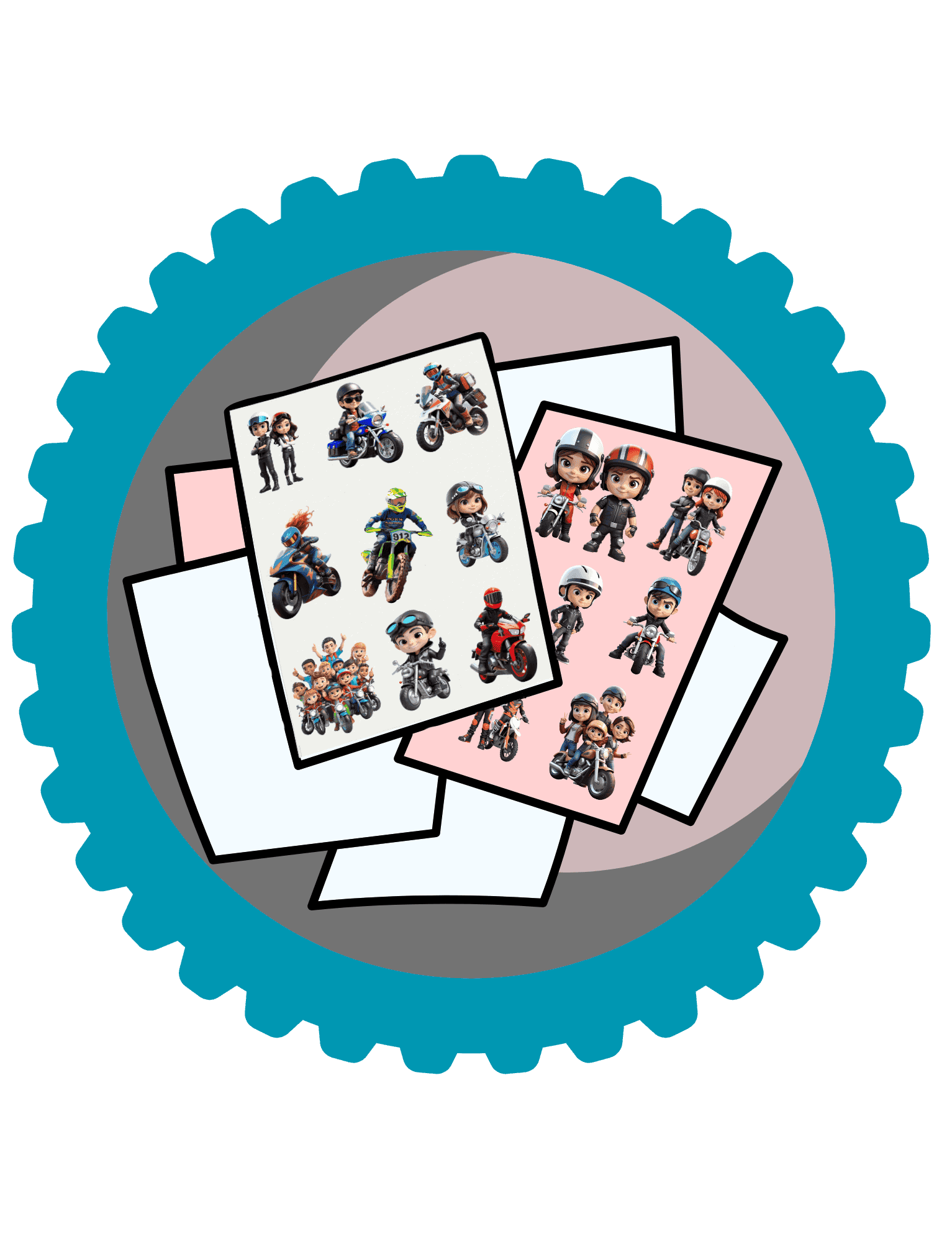 Boutique d’Autocollants Vroom-Tastic Kids – Personnages Motards Logo pour la Boutique d’Autocollants Vroom-Tastic Kids, avec des planches d’autocollants mettant en vedette les personnages Vroom-Tastic à moto, entourées d’un cadre bleu en forme de roue dentée.