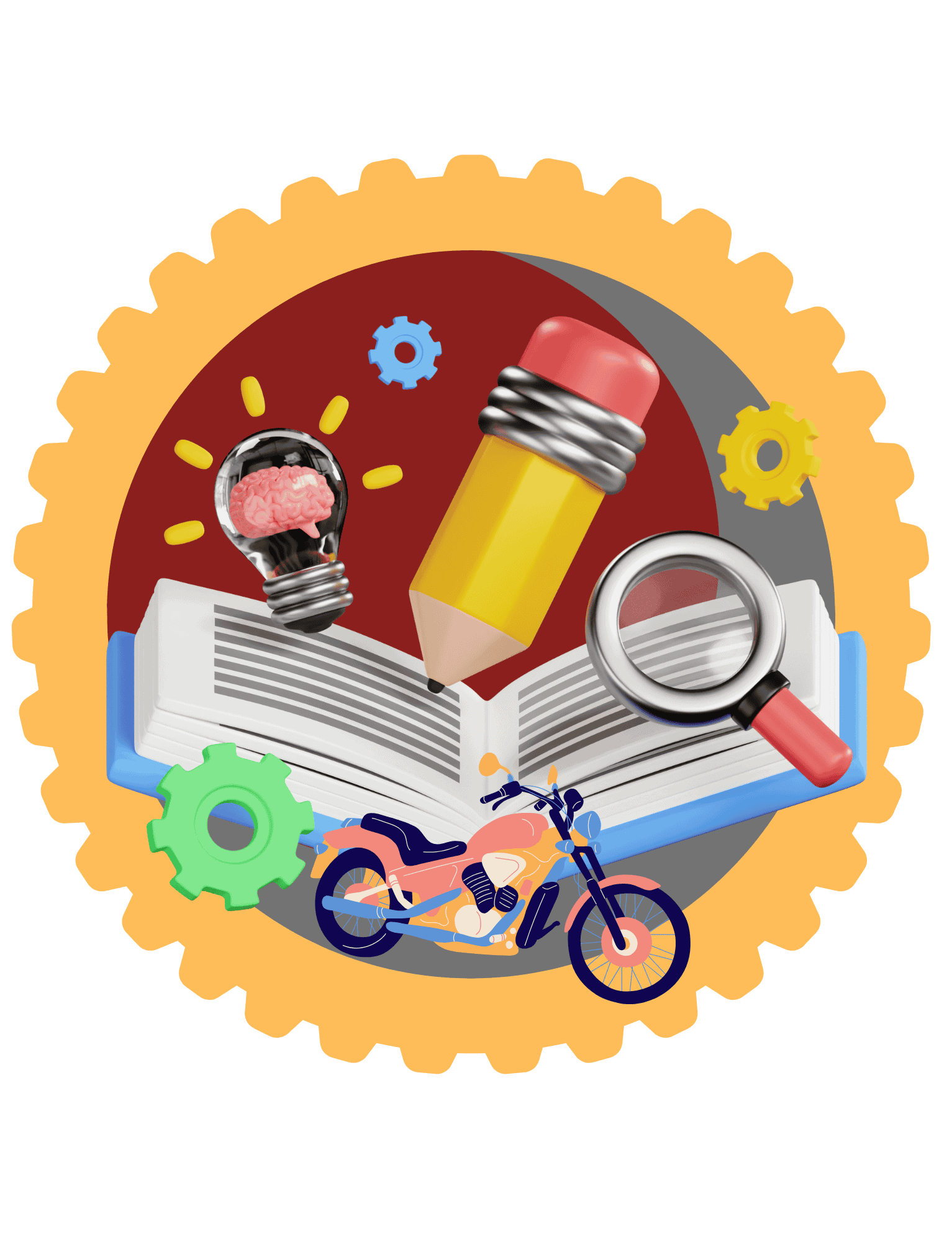 Boutique de Livres Moto pour Enfants Vroom-Tastic – Apprentissage & Fun Logo coloré Vroom-Tastic Kids avec un livre ouvert, un crayon, une ampoule avec un cerveau, une loupe, des engrenages et une moto dans un cadre en forme de roue dentée.