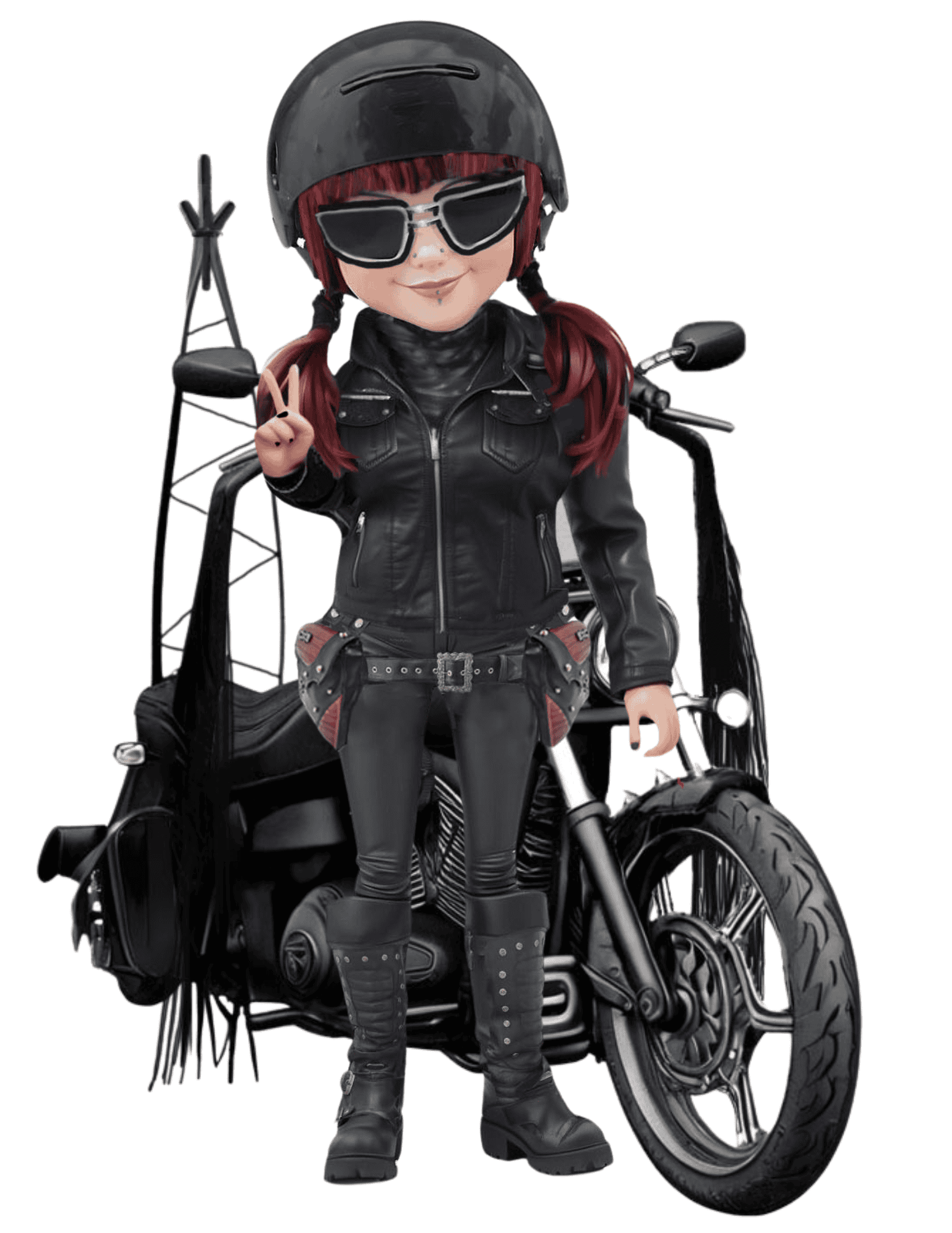 Personnage Motard en Dessin Animé – Manexentrik & Moto Personnage de dessin animé de Manexentrik debout devant sa moto noire, portant une veste en cuir, des lunettes de motard, un casque et faisant un signe de paix.