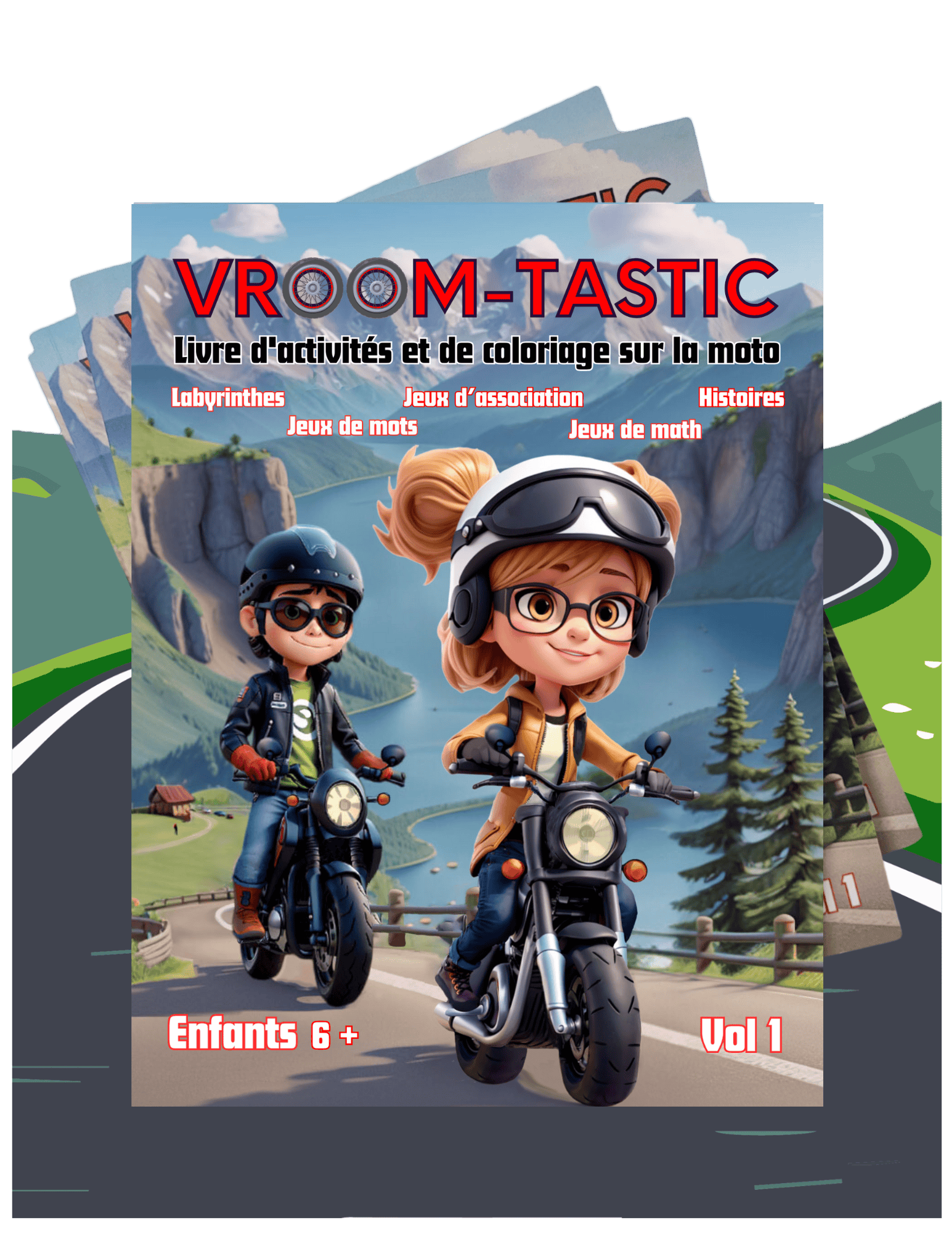 Couverture du Vroom-Tastic Livre de Coloriage et d’Activités Moto – Vol 1, illustrant une fille et un garçon motards en style cartoon roulant à moto sur une route de montagne pittoresque.