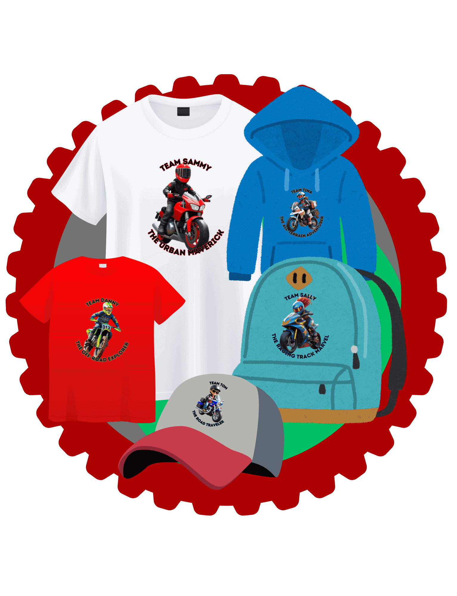 Vroom-Tastic Merchandise Shop – Fun Motorcycle Gear Vroom-Tastic Merchandise Shop logo featuring a collection of motorcycle-themed products, including t-shirts, hoodies, a cap, and a backpack, designed for young riders.