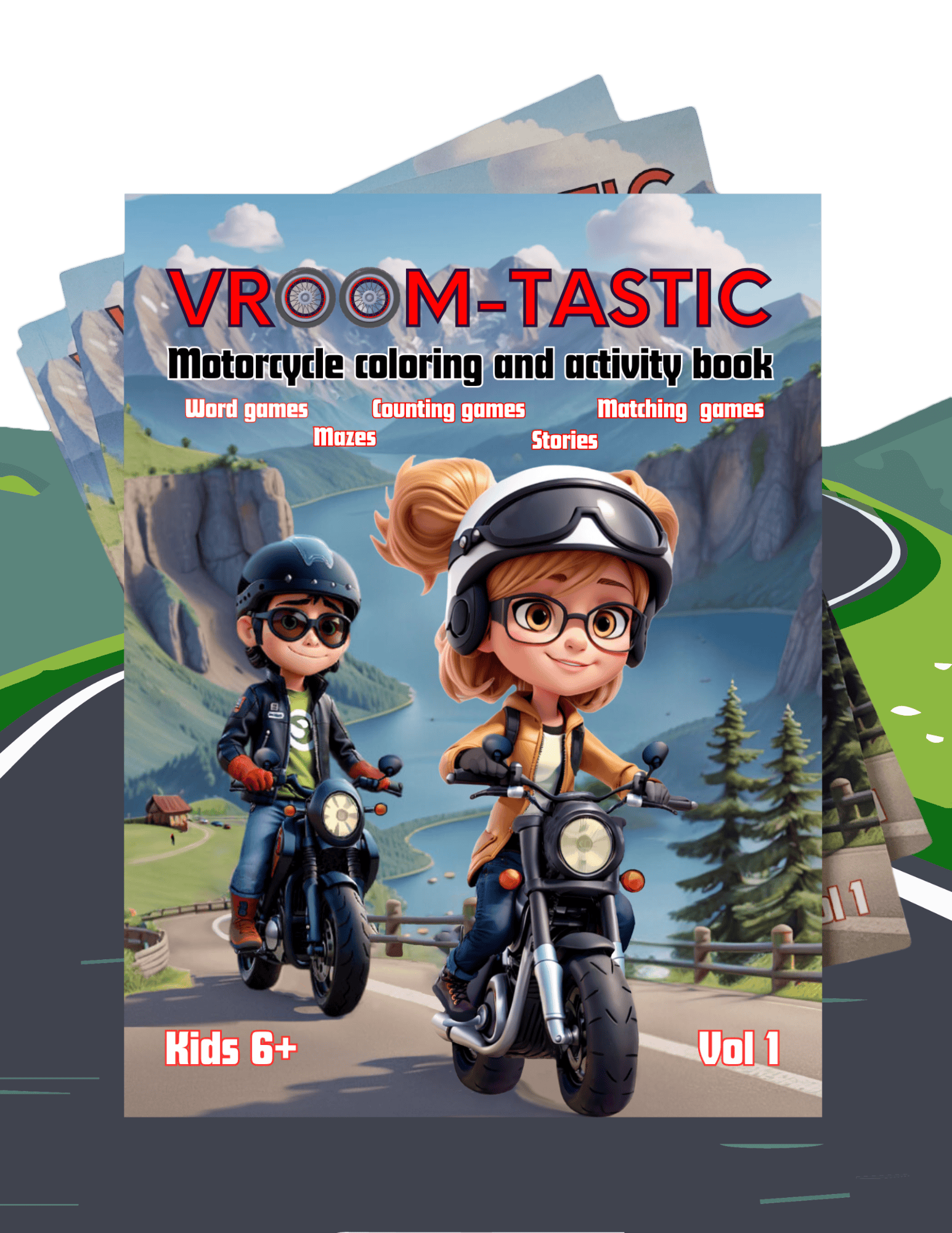 Cover of the Vroom-Tastic Motorcycle Coloring & Activity Book – Vol 1, featuring a cartoon-style biker girl and boy riding motorcycles on a scenic mountain road.