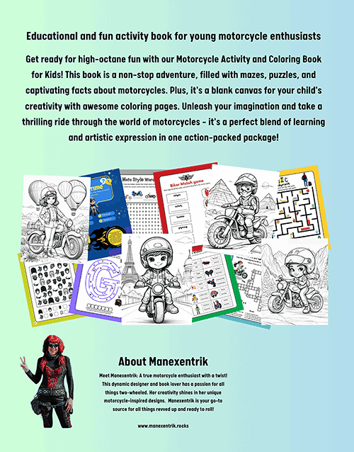 Back cover of the Vroom-Tastic Vol 1 Kids' Motorcycle Activity Book, featuring activity pages, coloring illustrations, and a description of the fun learning experience.
