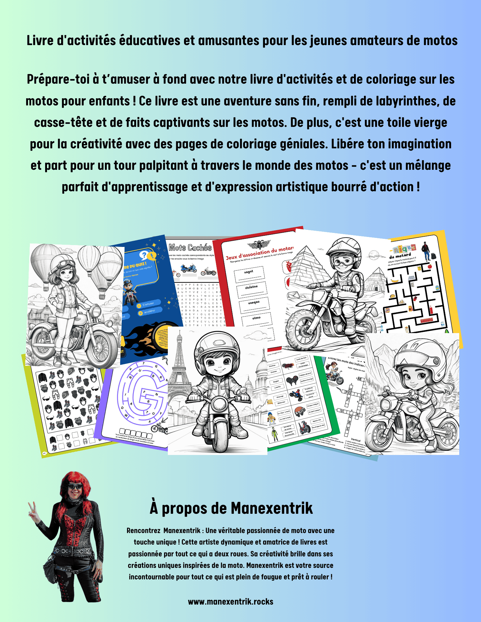 Couverture arrière du livre d'activités moto Vroom-Tastic Vol 1 pour enfants, présentant des pages de jeux, de coloriage et un résumé de l’expérience ludique et éducative