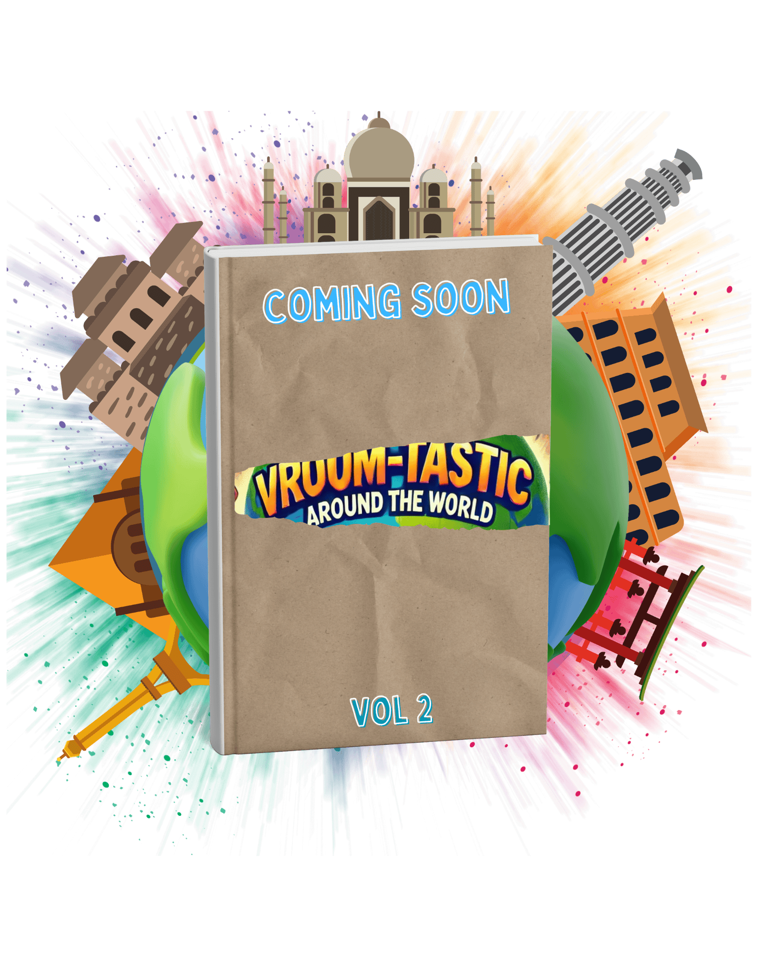 Vroom-Tastic Vol 2 book reveal with a brown paper cover, set against a vibrant background of world landmarks. The title 'Vroom-Tastic: Around the World' is partially visible.