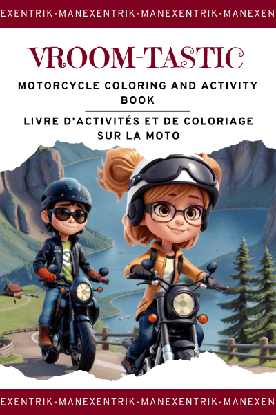 Cover of the Vroom-Tastic motorcycle coloring and activity book featuring two kids riding motorcycles in a scenic landscape